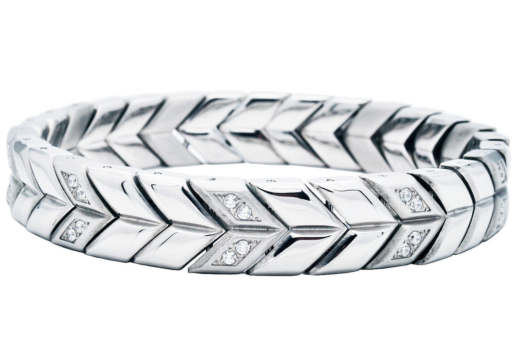 Men's 12mm Chevron Pattern Stainless Steel Bracelet With Cubic Zirconia - Blackjack Jewelry