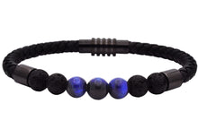 Load image into Gallery viewer, Mens Genuine Blue Tiger Eye and Lava Stone Black Leather Stainless Steel Bracelet - Blackjack Jewelry
