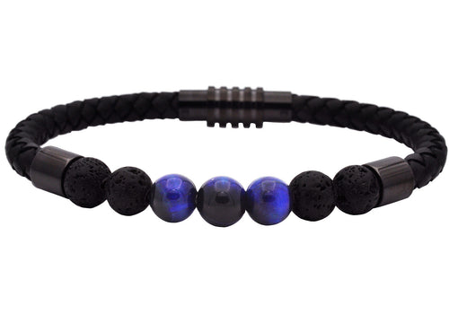 Mens Genuine Blue Tiger Eye and Lava Stone Black Leather Stainless Steel Bracelet - Blackjack Jewelry