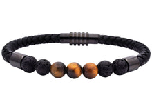 Load image into Gallery viewer, Mens Genuine Tiger Eye and Lava Stone Black Leather Stainless Steel Bracelet - Blackjack Jewelry
