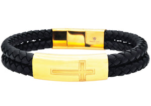 Mens Gold Stainless Steel Double Strand Black Leather Cross Bracelet - Blackjack Jewelry