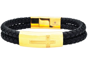 Mens Gold Stainless Steel Double Strand Black Leather Cross Bracelet