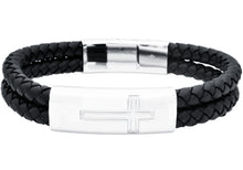Load image into Gallery viewer, Mens Double Strand Black Leather Stainless Steel Cross Bracelet - Blackjack Jewelry
