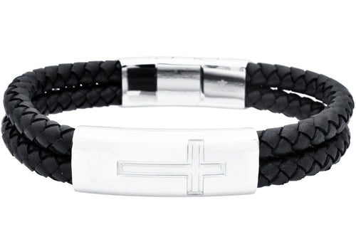 Mens Double Strand Black Leather Stainless Steel Cross Bracelet - Blackjack Jewelry