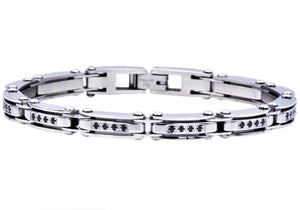 Mens Thin Stainless Steel Bracelet With Black Cubic Zirconia - Blackjack Jewelry