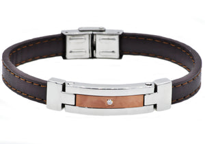 Mens Brown Leather And Stainless Steel Bracelet With Cubic Zirconia - Blackjack Jewelry