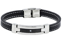 Load image into Gallery viewer, Mens Black Leather And Stainless Steel Bracelet With Cubic Zirconia - Blackjack Jewelry

