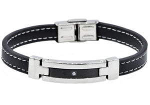 Mens Black Leather And Stainless Steel Bracelet With Cubic Zirconia - Blackjack Jewelry