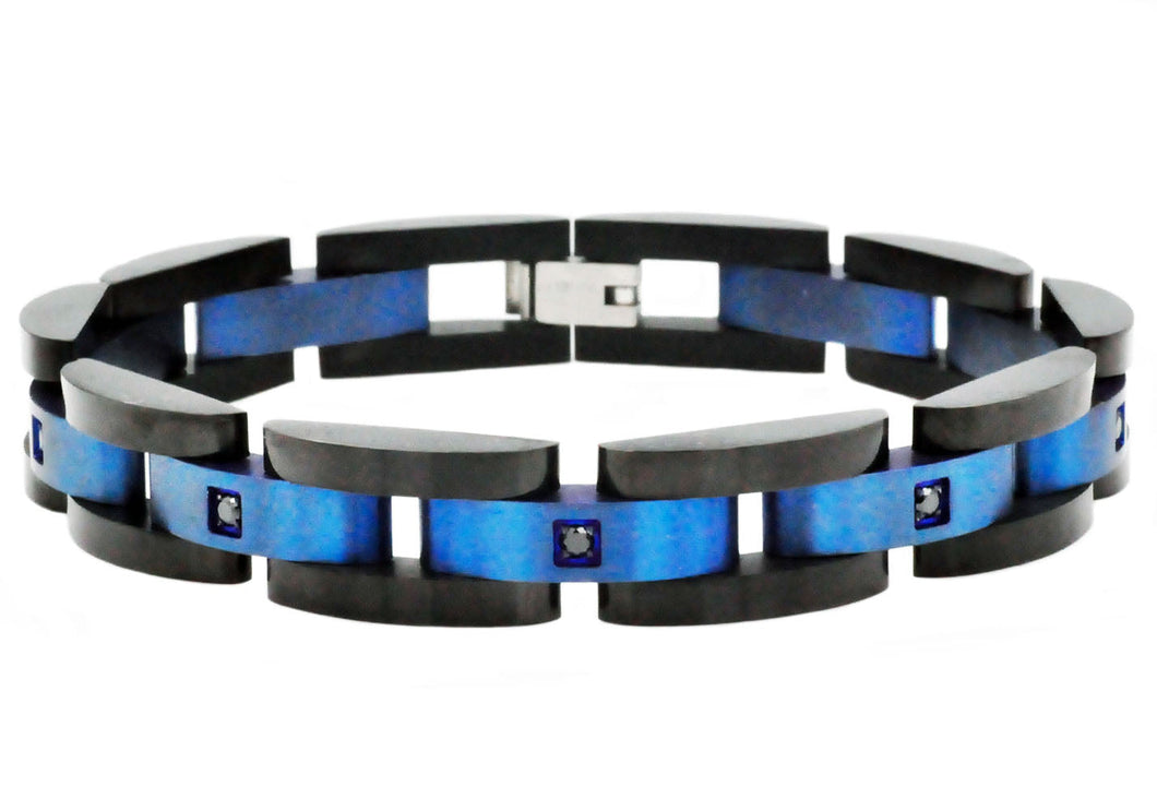 Mens Curved Link Black and Blue Stainless Steel Bracelet With Cubic Zirconia - Blackjack Jewelry