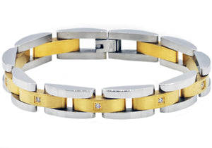 Mens Curved Link Two Tone Gold  Stainless Steel Bracelet With Cubic Zirconia - Blackjack Jewelry