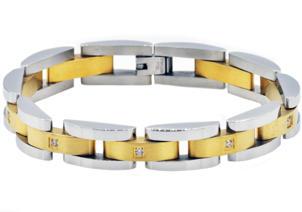 Mens Curved Link Two Tone Gold  Stainless Steel Bracelet With Cubic Zirconia - Blackjack Jewelry