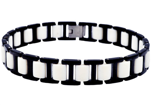 Mens White Silicone And Black Plated Stainless Steel Bracelet - Blackjack Jewelry