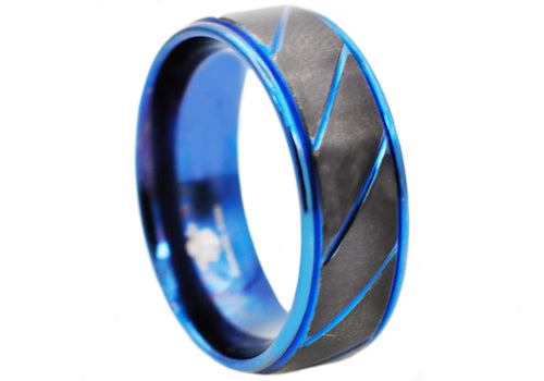 Mens Black And Blue Stainless Steel 8mm Etched Striped Ring - Blackjack Jewelry