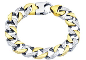 Mens Two Tone Gold Stainless Steel Pave Curb Link Chain Bracelet - Blackjack Jewelry