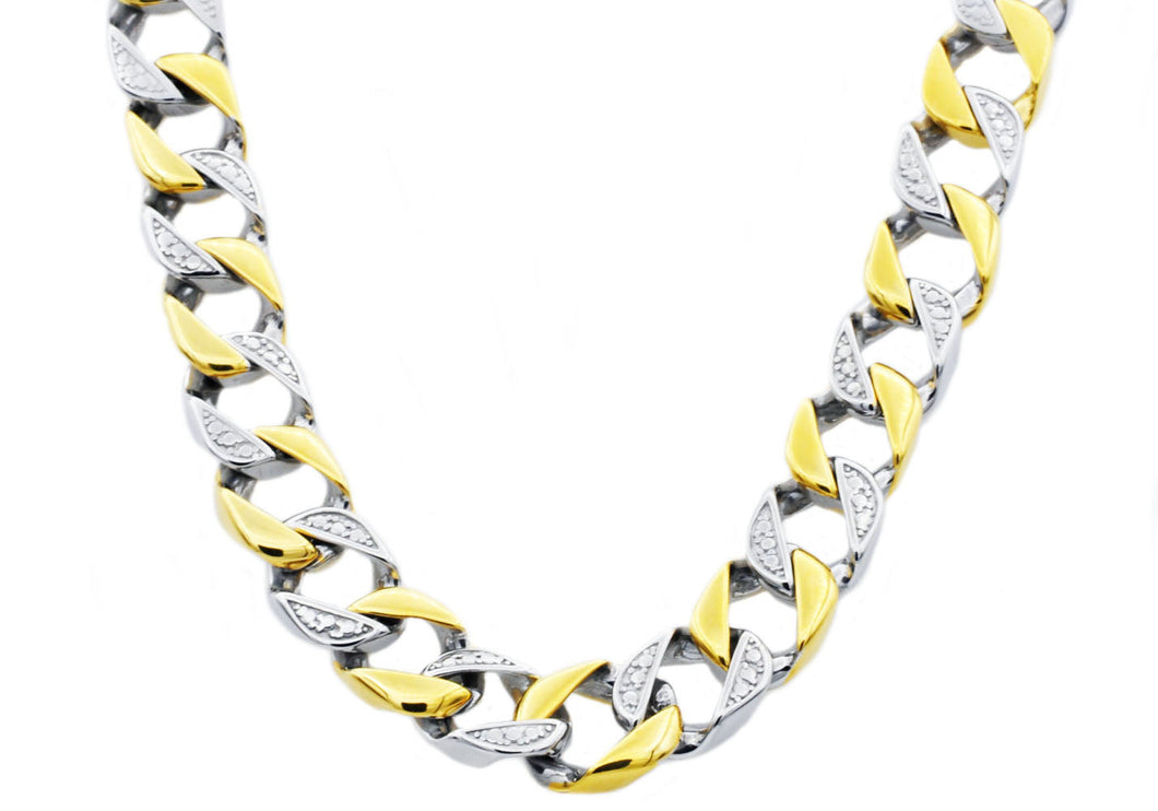 Mens 14mm Two Tone Gold Stainless Steel Pave Curb Link Chain Necklace - Blackjack Jewelry