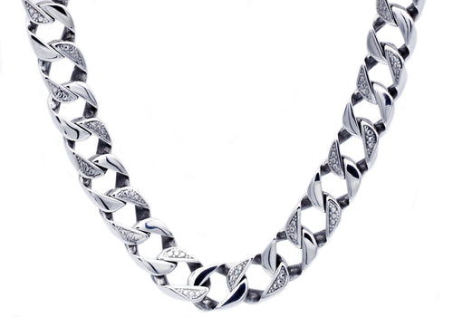 Mens 14mm Stainless Steel Pave Curb Link Chain Necklace - Blackjack Jewelry