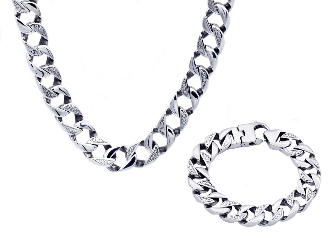 Mens 14mm Stainless Steel Pave Cuban Link Bracelet & Necklace Chain Set - Blackjack Jewelry