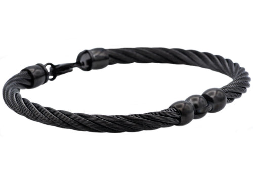 Mens Black Plated Stainless Steel Wire Bangle Bracelet - Blackjack Jewelry