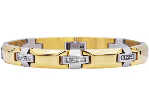 Mens Gold Stainless Steel Bracelet With Cubic Zirconia - Blackjack Jewelry