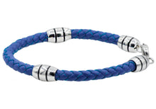 Load image into Gallery viewer, Mens Blue Leather Stainless Steel Bracelet - Blackjack Jewelry
