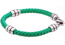 Load image into Gallery viewer, Mens Green Leather Stainless Steel Bracelet - Blackjack Jewelry
