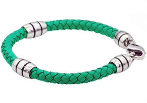 Mens Green Leather Stainless Steel Bracelet - Blackjack Jewelry