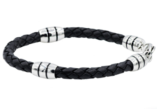 Mens Black Leather Stainless Steel Bracelet - Blackjack Jewelry