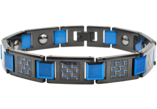 Mens Two-Toned Black and Blue Carbon Fiber Tungsten Bracelet with Magnets - Blackjack Jewelry