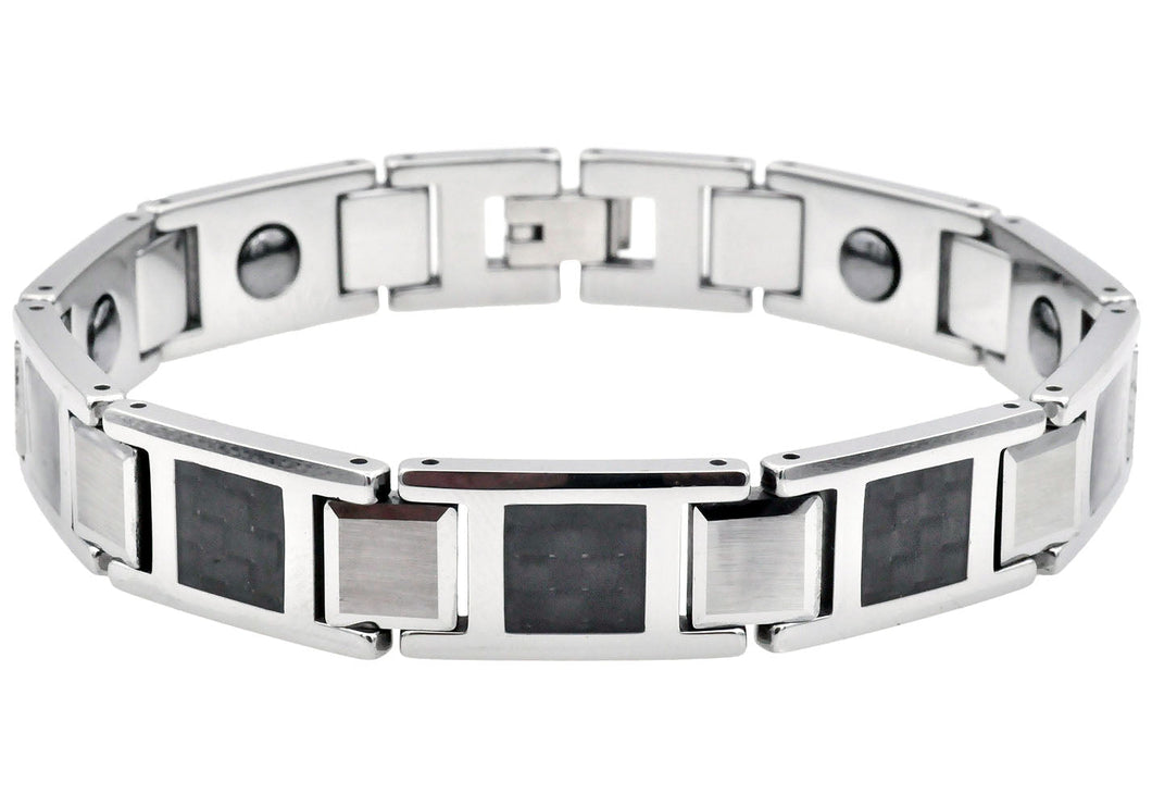 Mens Two-Toned Black and White Carbon Fiber Tungsten Bracelet with Magnets - Blackjack Jewelry