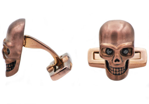 Mens Chocolate Stainless Steel Skull Cuff Links With Black Cubic Zirconia - Blackjack Jewelry