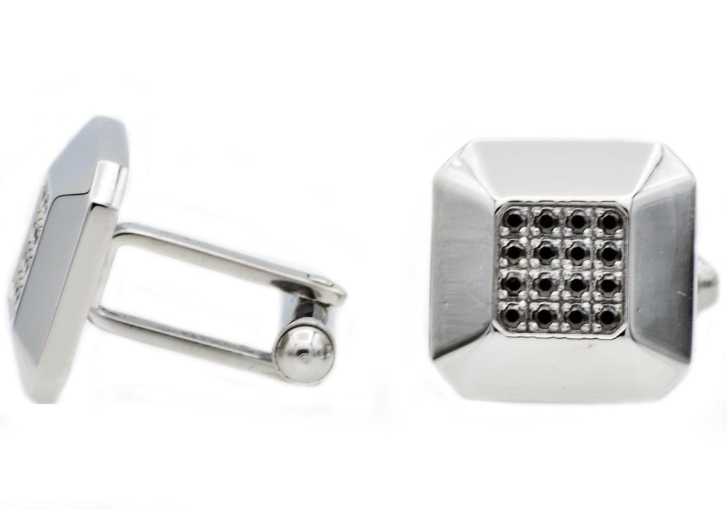 Mens Stainless Steel Cuff Links With Black Cubic Zirconia - Blackjack Jewelry