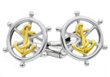 Load image into Gallery viewer, Mens Gold Stainless Steel Ship Helm And Anchor Cuff Links - Blackjack Jewelry
