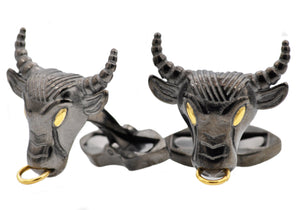 Mens Gold And Black Stainless Steel Bull Cuff Links - Blackjack Jewelry