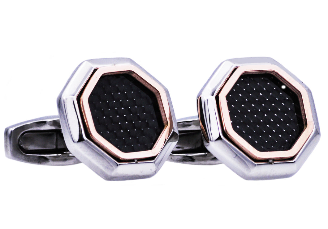 Mens Two Tone Rose Stainless Steel Cuff Links With Black Carbon Fiber - Blackjack Jewelry