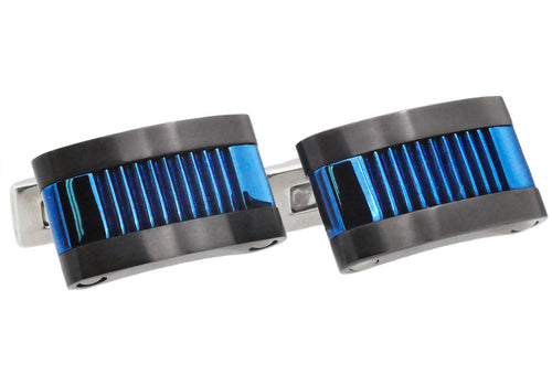 Mens Blue And Black Stainless Steel Cuff Links - Blackjack Jewelry