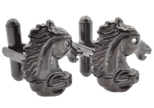 Load image into Gallery viewer, Mens Black Stainless Steel Horse Cuff Links With Black Cubic Zirconia - Blackjack Jewelry
