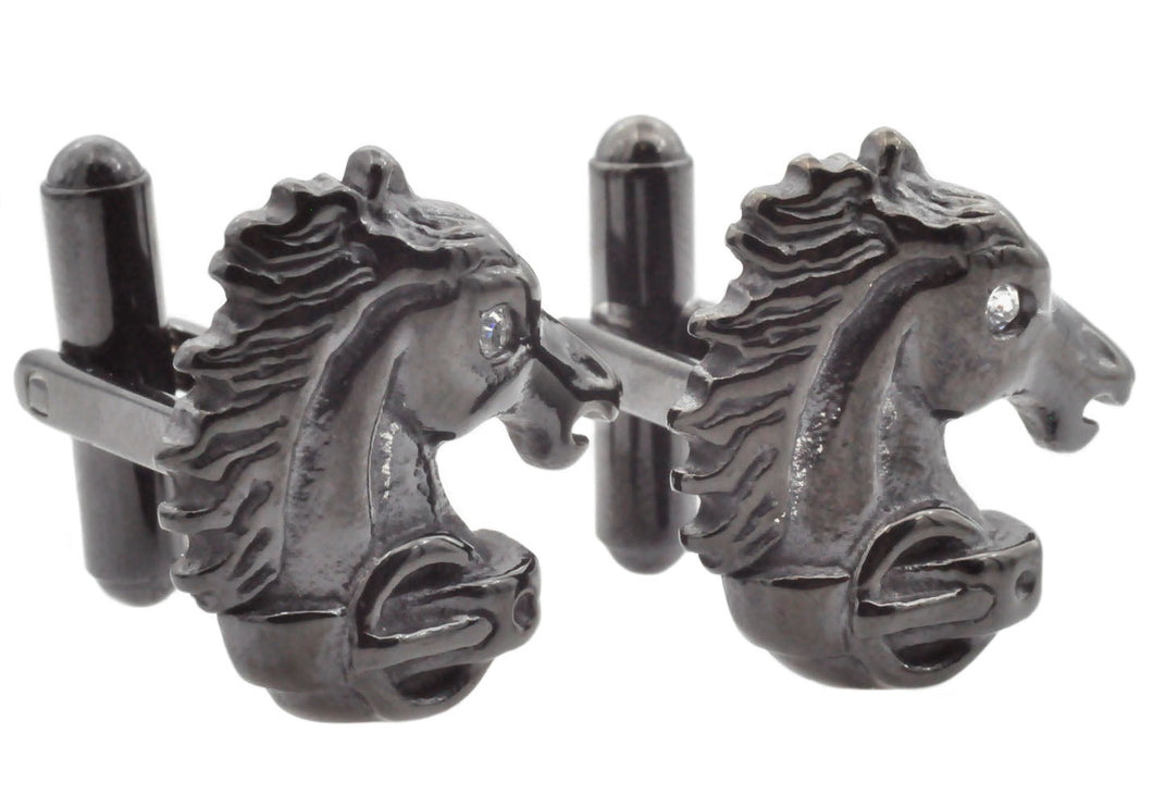 Mens Black Stainless Steel Horse Cuff Links With Black Cubic Zirconia - Blackjack Jewelry