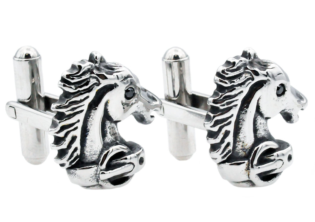 Mens Stainless Steel Horse Cuff Links With Black Cubic Zirconia - Blackjack Jewelry
