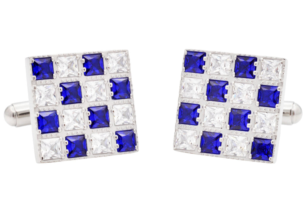 Mens Two Tone White and Blue Checkered Stainless Steel Cuff Links With Cubic Zirconia - Blackjack Jewelry