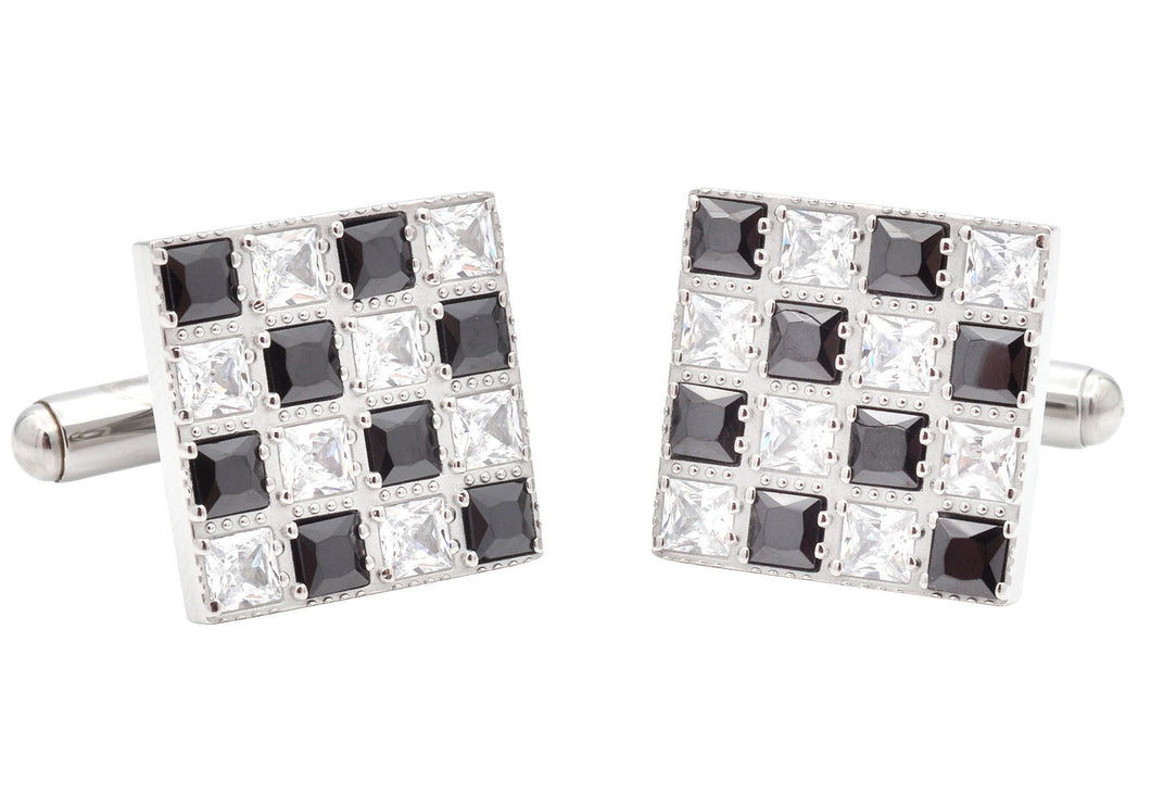 Mens Two Tone White and Black Checkered Stainless Steel Cuff Links With Cubic Zirconia - Blackjack Jewelry