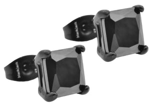 Mens 7mm Black Cubic Zirconia Black Stainless Steel Square Stud Earrings - Blackjack Jewelry