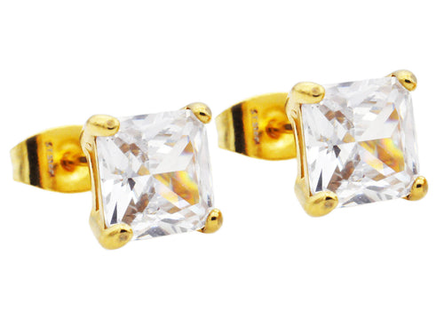 Mens 7mm Cubic Zirconia Gold Stainless Steel Square Stud Earrings - Blackjack Jewelry