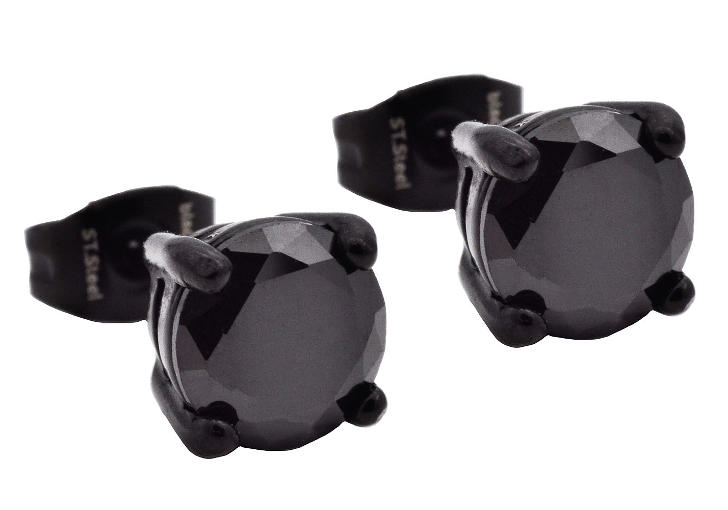 Mens 7mm Black Plated Stainless Steel Stud Earrings With