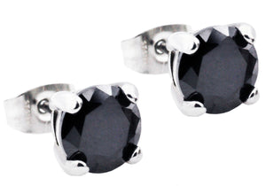 Mens 7mm Stainless Steel Earrings With Black Cubic Zirconia - Blackjack Jewelry