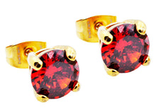 Load image into Gallery viewer, Mens 7mm Gold Stainless Steel Stud Earrings With Red Cubic Zirconia - Blackjack Jewelry
