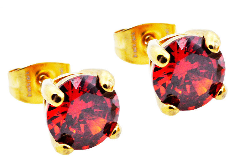 Mens 7mm Gold Stainless Steel Stud Earrings With Red Cubic Zirconia - Blackjack Jewelry