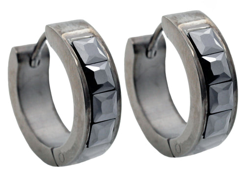 Mens 17mm Black Plated Stainless Steel Hoop Earrings With Black Cubic Zirconia - Blackjack Jewelry