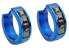 Load image into Gallery viewer, Mens 17mm Blue Plated Stainless Steel Hoop Earrings With Black Cubic Zirconia - Blackjack Jewelry

