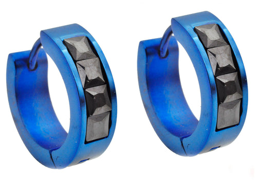 Mens 17mm Blue Plated Stainless Steel Hoop Earrings With Black Cubic Zirconia - Blackjack Jewelry