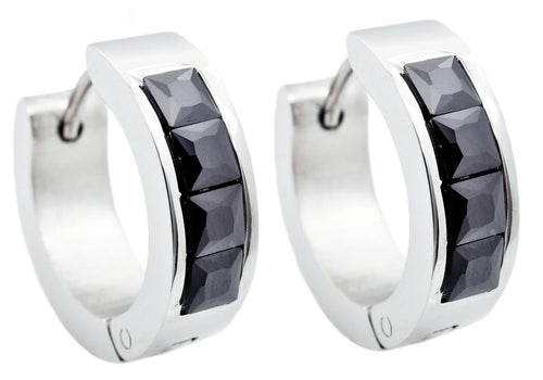 Mens 17mm Stainless Steel Hoop Earrings With Black Cubic Zirconia - Blackjack Jewelry